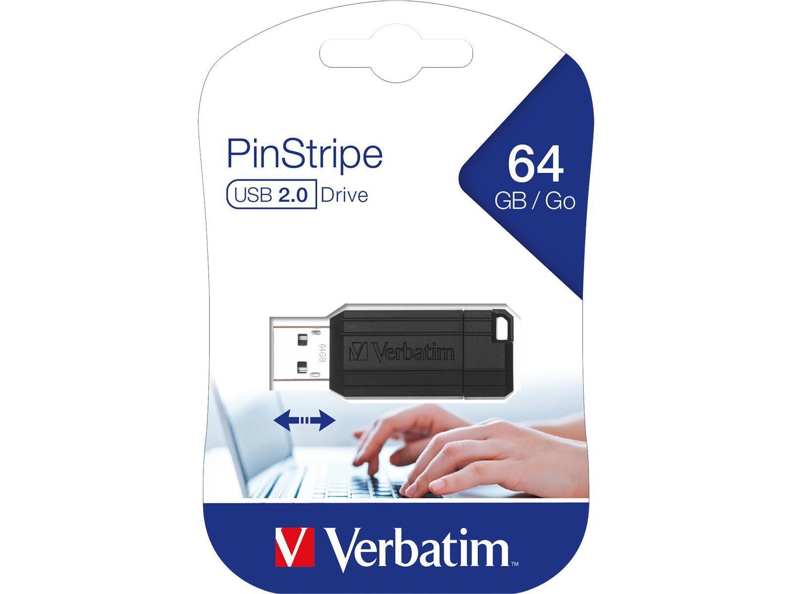 USB 2.0 Stick Verbatim, 64GB Speicher, PinStripe, Schiebemechanismus