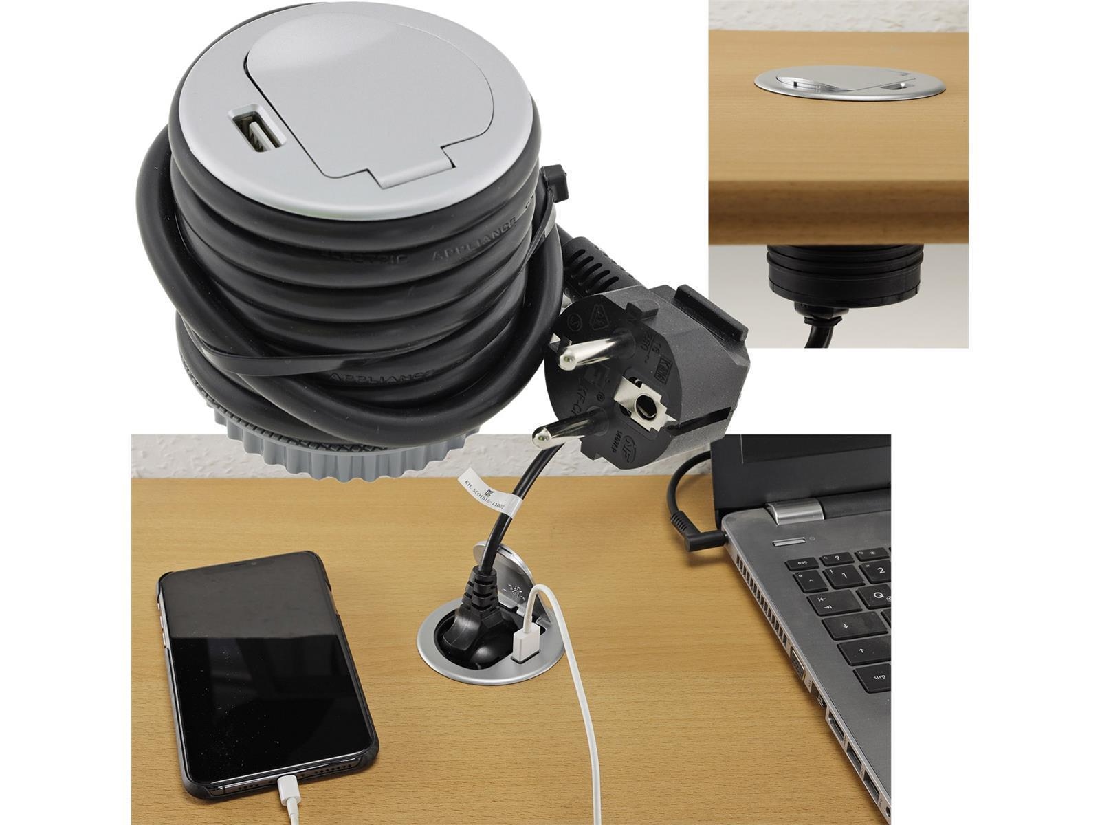 Schreibtisch-Einbausteckdose + USBversenkbar, USB 2,4A