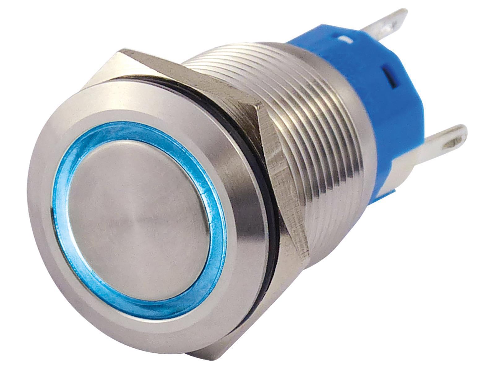 Vollmetallschalter mit Ringbeleuchtung, blau, 19mm-Ø, 250V, 5A, Lötanschluss