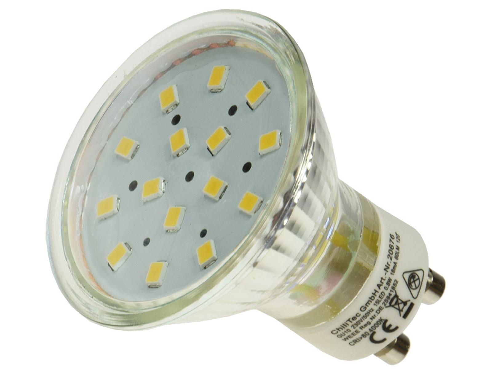 LED Strahler GU10 "H10 SMD" 15 SMD LEDs3000k, 50lm, 120°, 230V/0,8W, warmweiß