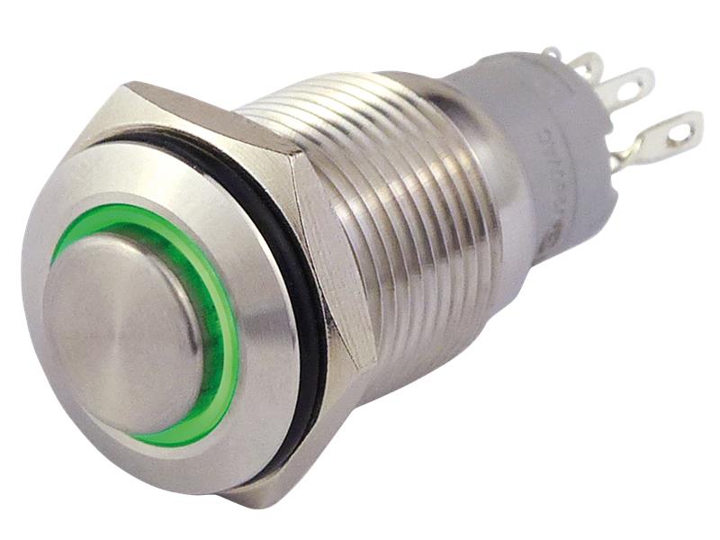 Vollmetallschalter mit Ringbeleuchtung, grün, 16mm-Ø, 250V, 3A, Lötanschluss