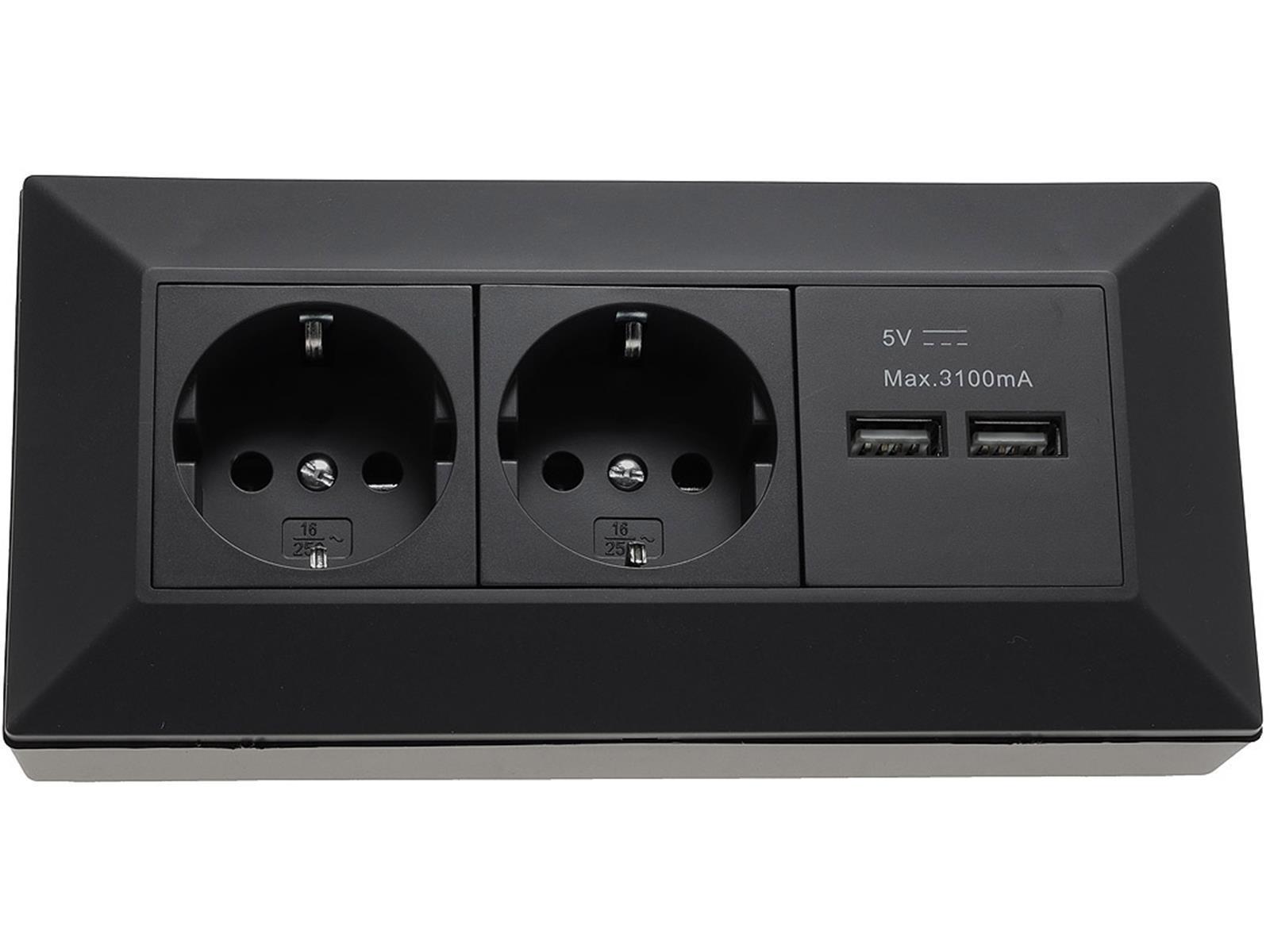 2-fach Steckdosenblock + 2x USB, schwarz 250V~/ 16A, Aufbaumontage, USB 3,1A
