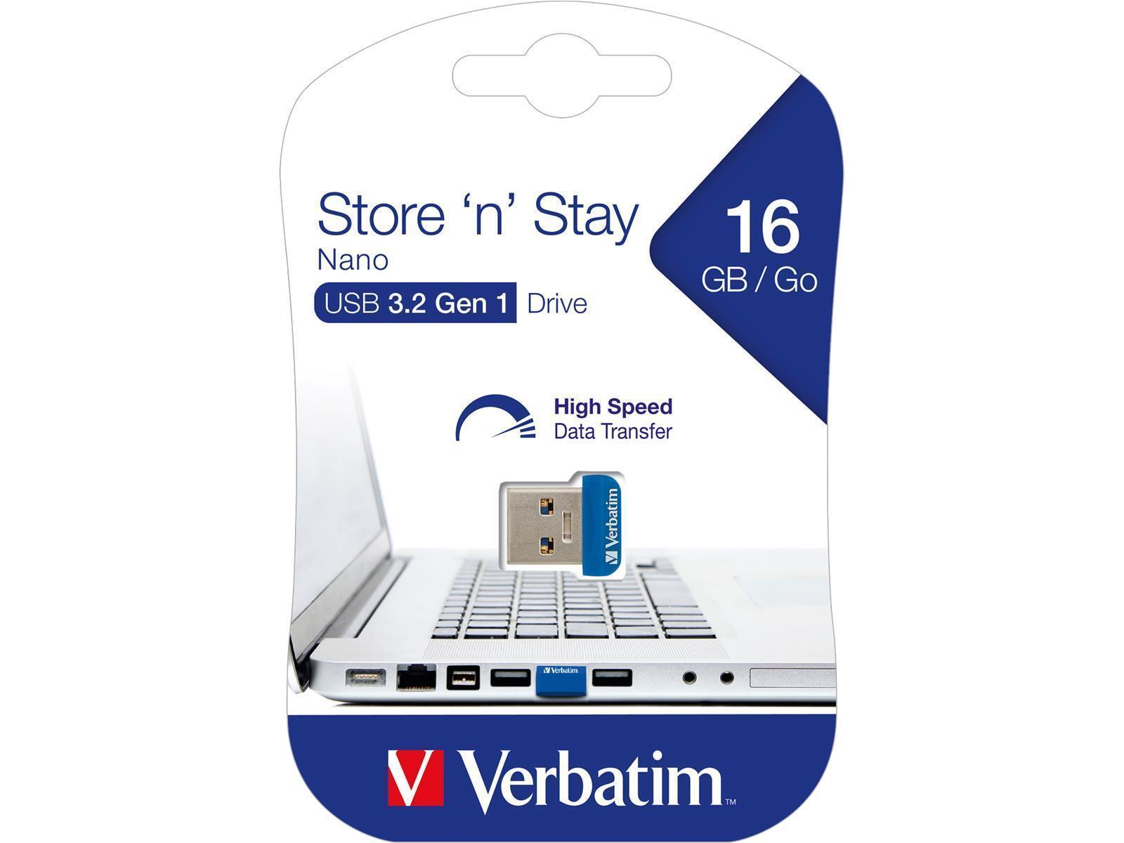 Nano USB-Stick ''Store n' Stay'' Verbatim, 16GB Speicher, Typ-A, extraflach, blau