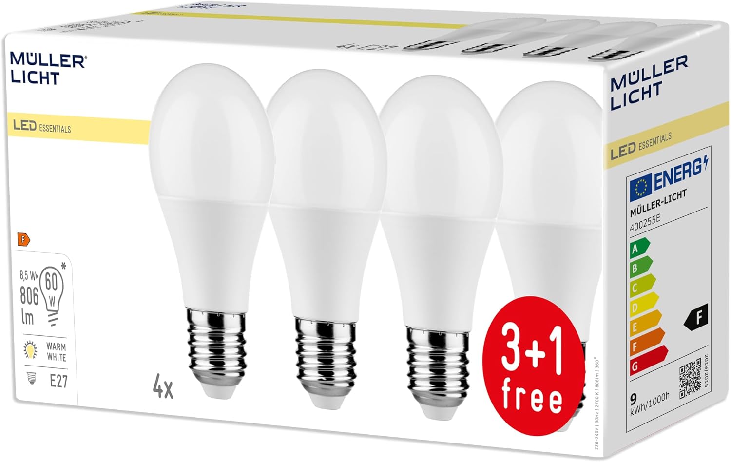 LED Glühlampe, E27, 8,6W, 810lm, 2700K, warmweiß, 3+1 Set