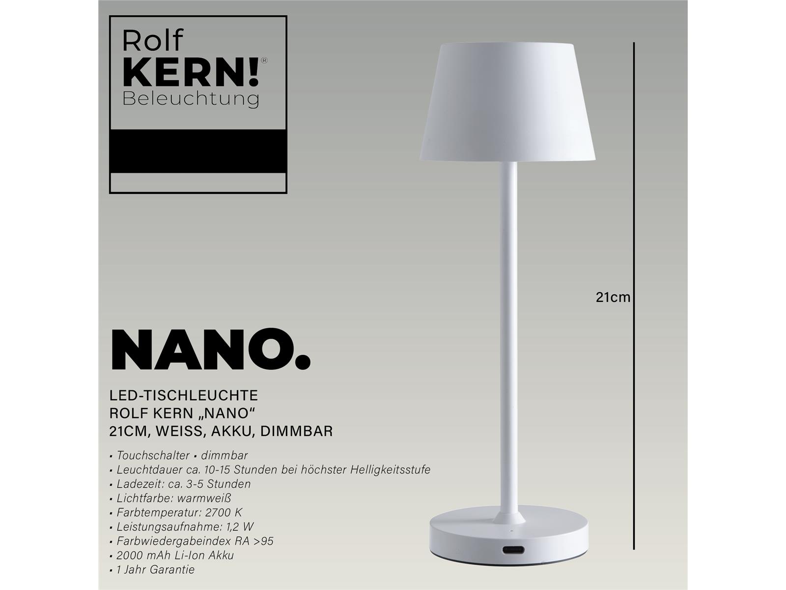 LED-Tischleuchte ROLF KERN „Club Nano“ 21cm, weiß, Akku, dimmbar