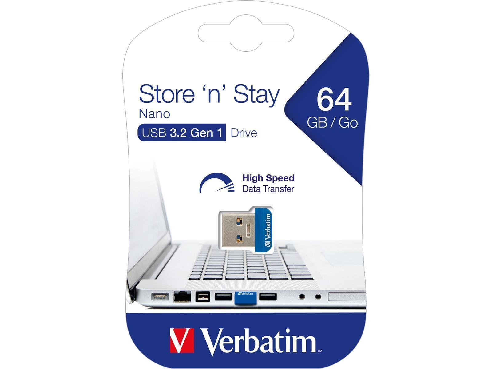 Nano USB-Stick ''Store n' Stay'' Verbatim, 64GB Speicher, Typ-A, extraflach, blau