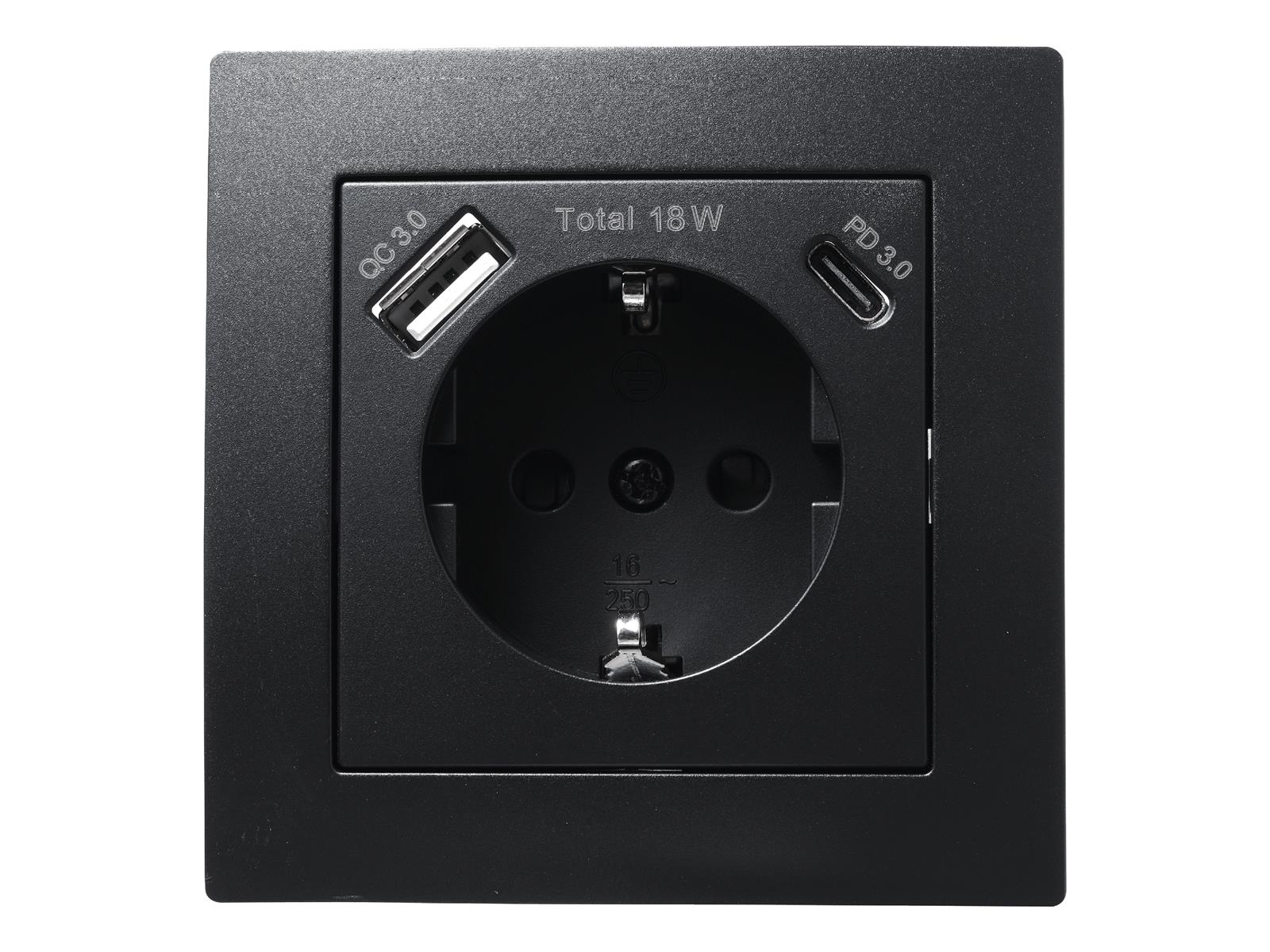 Schutzkontakt-Steckdose McPower ''Flair'' 1x USB-C 18W PD, 1x USB-A, matt schwarz