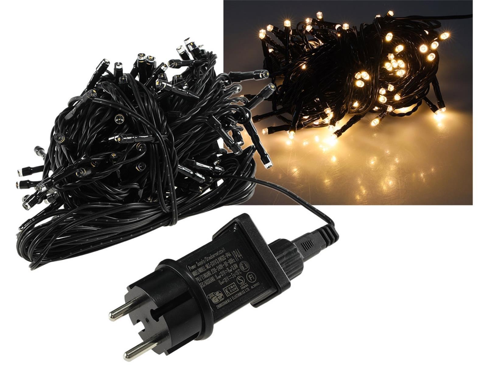 LED Aussen-Lichterkette "CT-ALK100" 10mwarmweiß, Kabel schwarz, IP44, 100 LEDs