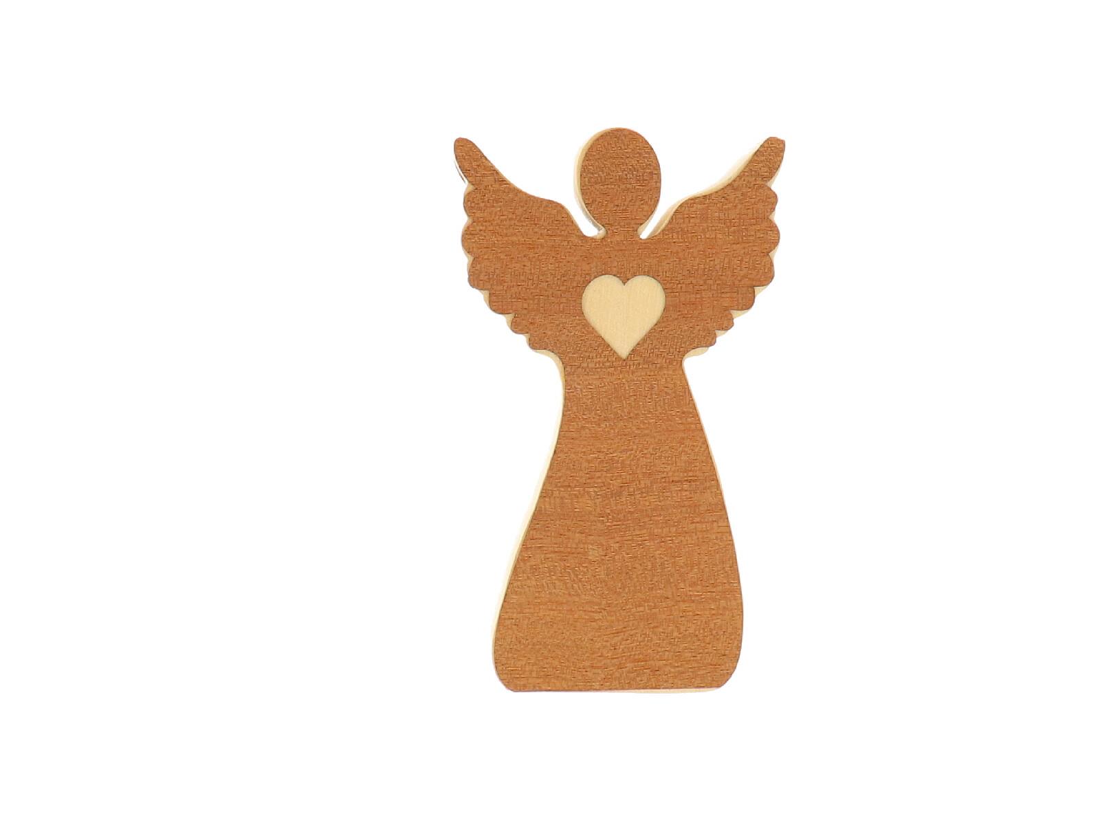 Engel mit hellem Herz aus hellbraunem Holz 14 cm