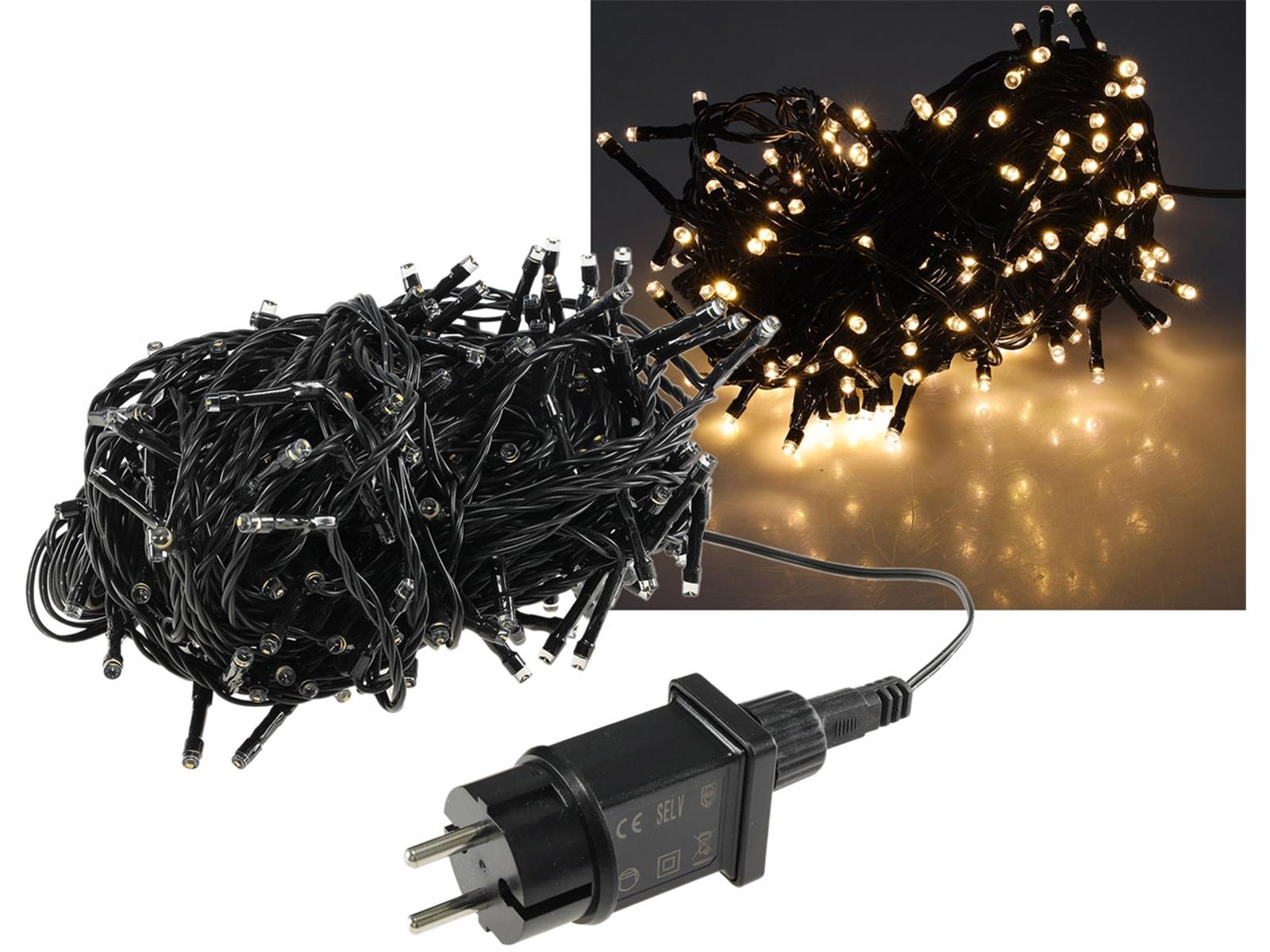 LED Aussen-Lichterkette "CT-ALK200" 20mwarmweiß, Kabel schwarz, IP44, 200 LEDs