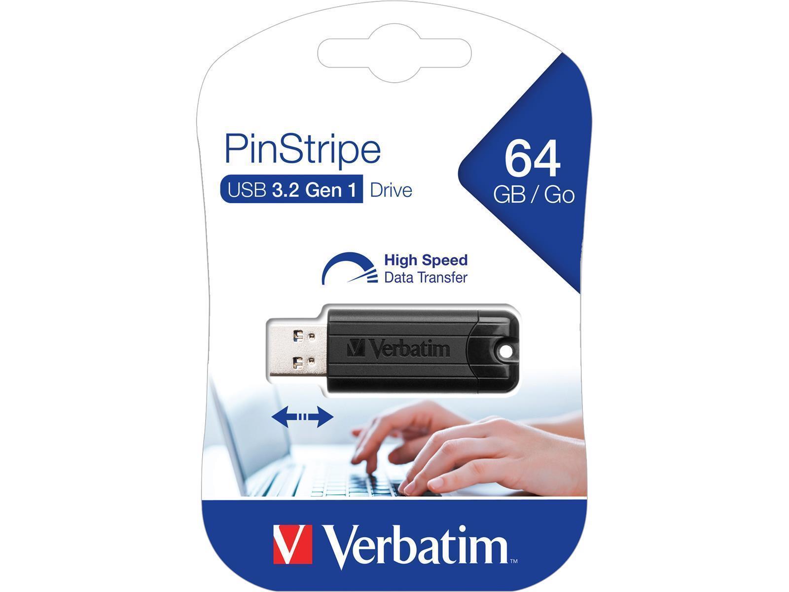 USB 3.2 Stick Verbatim, 64GB Speicher, PinStripe, Typ-A, Schiebemechanismus