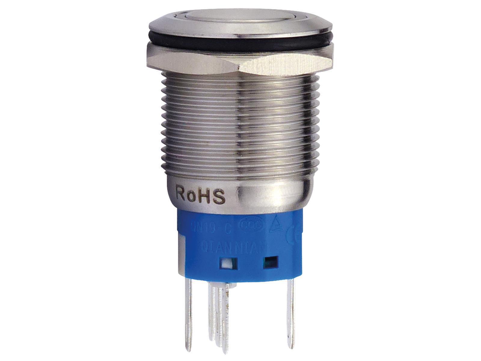 Vollmetalltaster mit Ringbeleuchtung, blau, 19mm-Ø, 250V, 5A, Lötanschluss