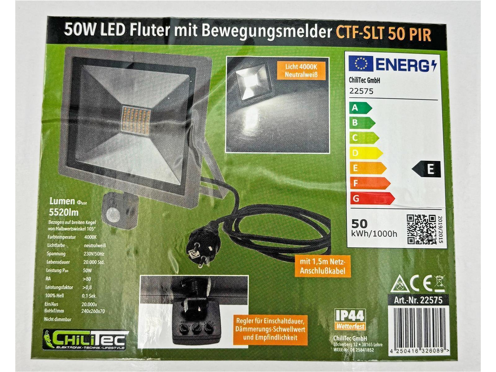 LED-Fluter SlimLine "CTF-SLT50 PIR"50W, IP44, 5220lm, 4000K, Bewegungsmelde