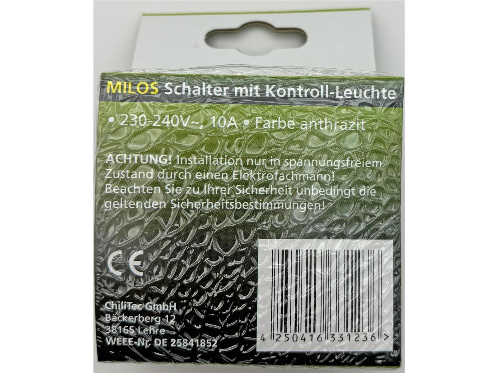 MILOS Kontroll Schalter mit Lämpchen 250V 10A, inkl. Rahmen, UP, anthrazit