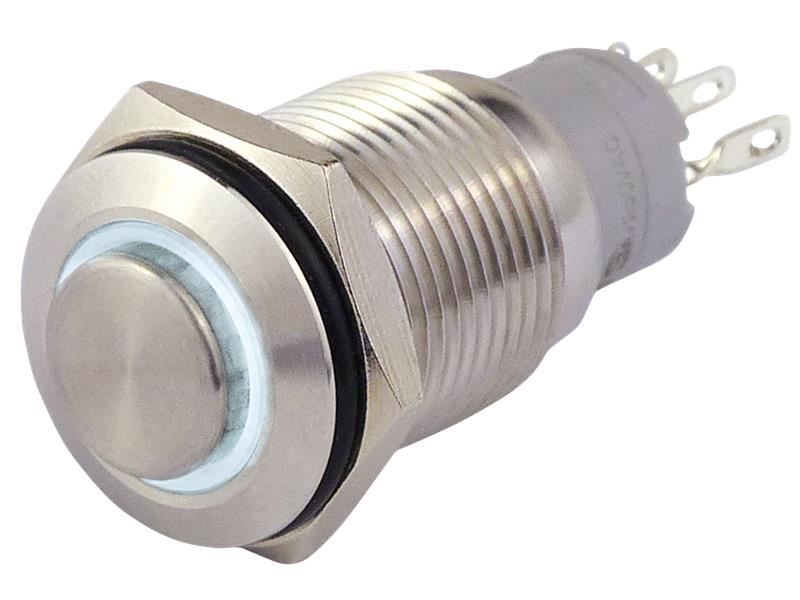 Vollmetallschalter mit Ringbeleuchtung, weiß, 16mm-Ø, 250V, 3A, Lötanschluss