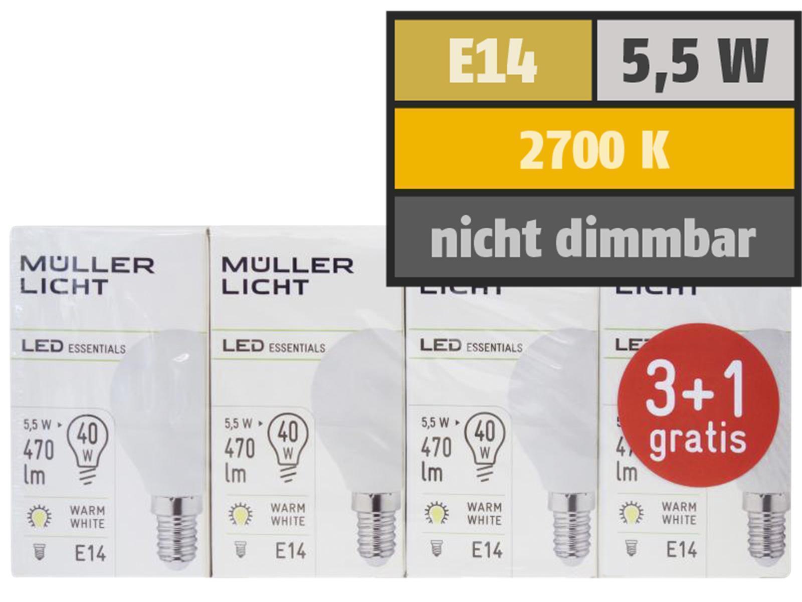 LED Tropfenlampe, E14, 5,5W, 470lm, 2700K, warmweiß, 3+1 Set