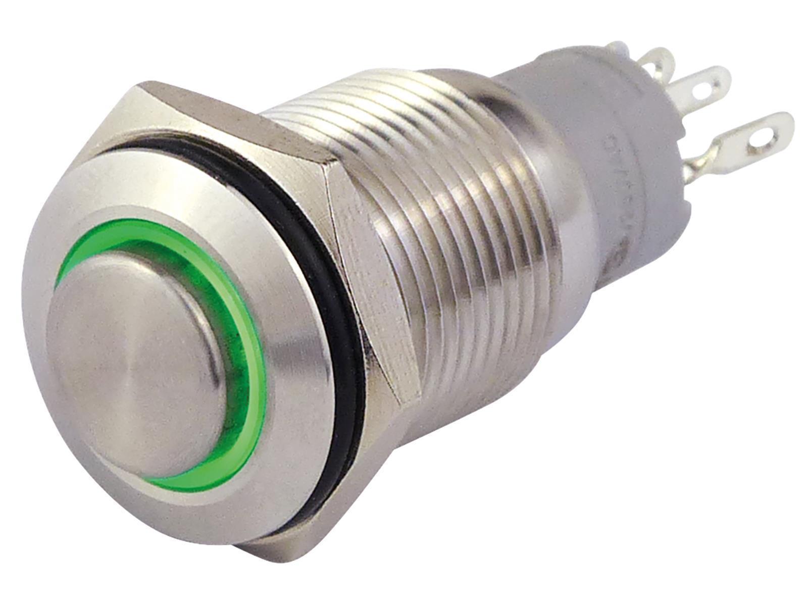 Vollmetalltaster mit Ringbeleuchtung, grün, 16mm-Ø, 250V, 3A, Lötanschluss