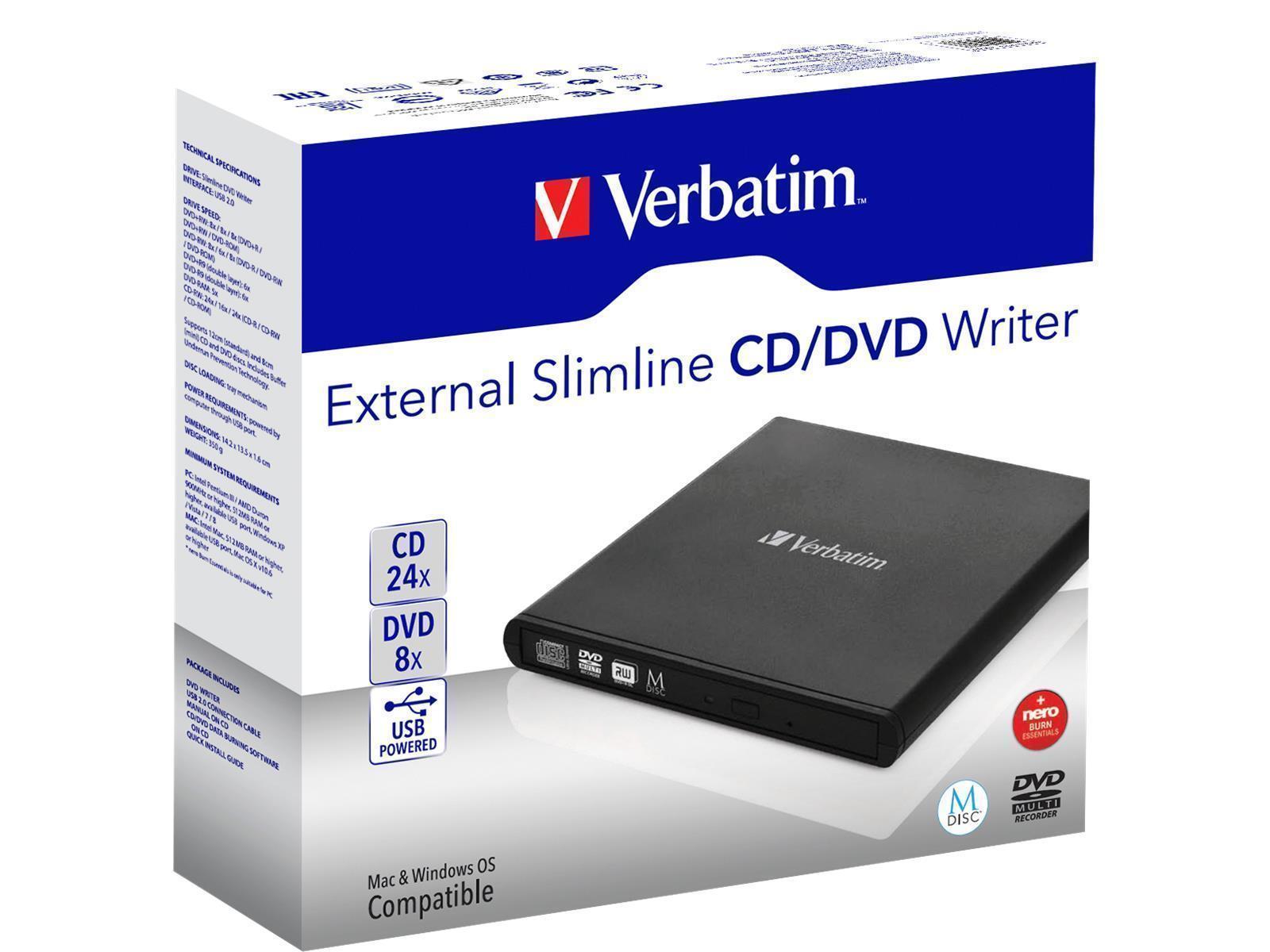 Externer CD/DVD Recorder/ Brenner Verbatim, Slimline, USB 2.0