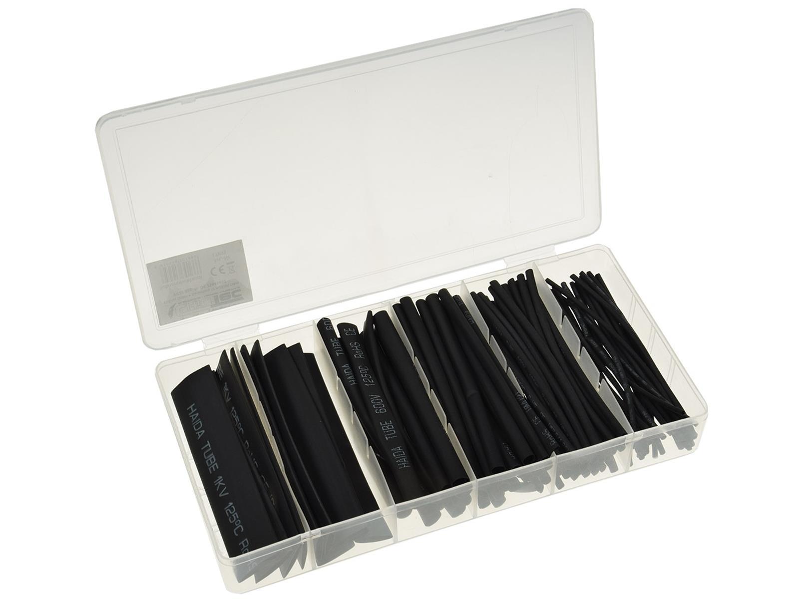 Schrumpfschlauch-Sortiment, 100-teiligin praktischer Box, schwarz