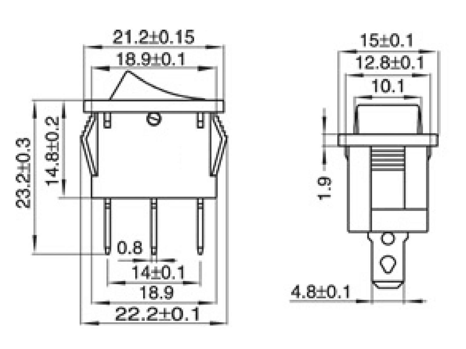 Mini-Wippenschalter McPower, 3-polig, rote Wippe, 250V/6,5A, Stellungen: EIN/AUS