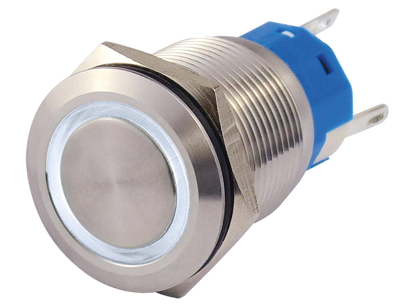 Vollmetallschalter mit Ringbeleuchtung, weiß, 19mm-Ø, 250V, 5A, Lötanschluss