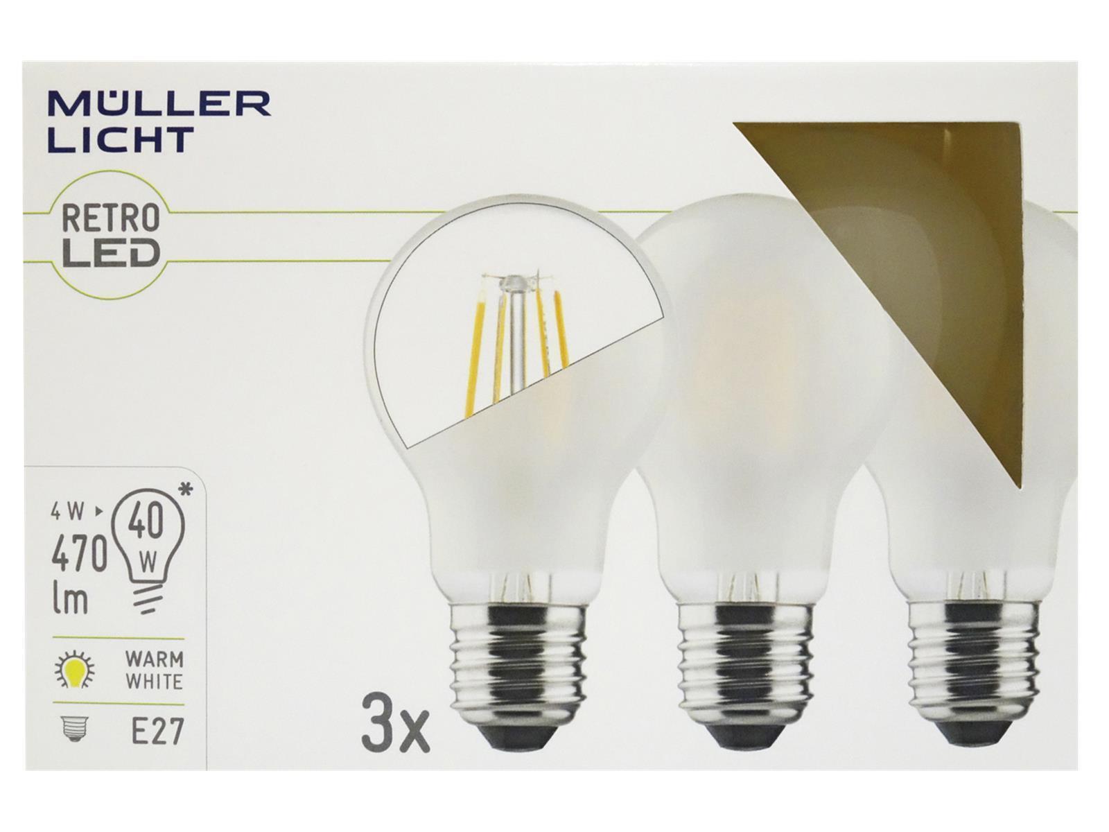 LED Filament Glühlampe, E27, 4W, 470lm, 2700K, warmweiß, matt, 3er Set