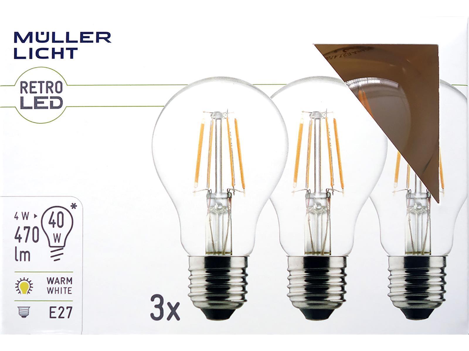 LED Filament Glühlampe, E27, 4W, 470lm, 2700K, warmweiß, 3er Set