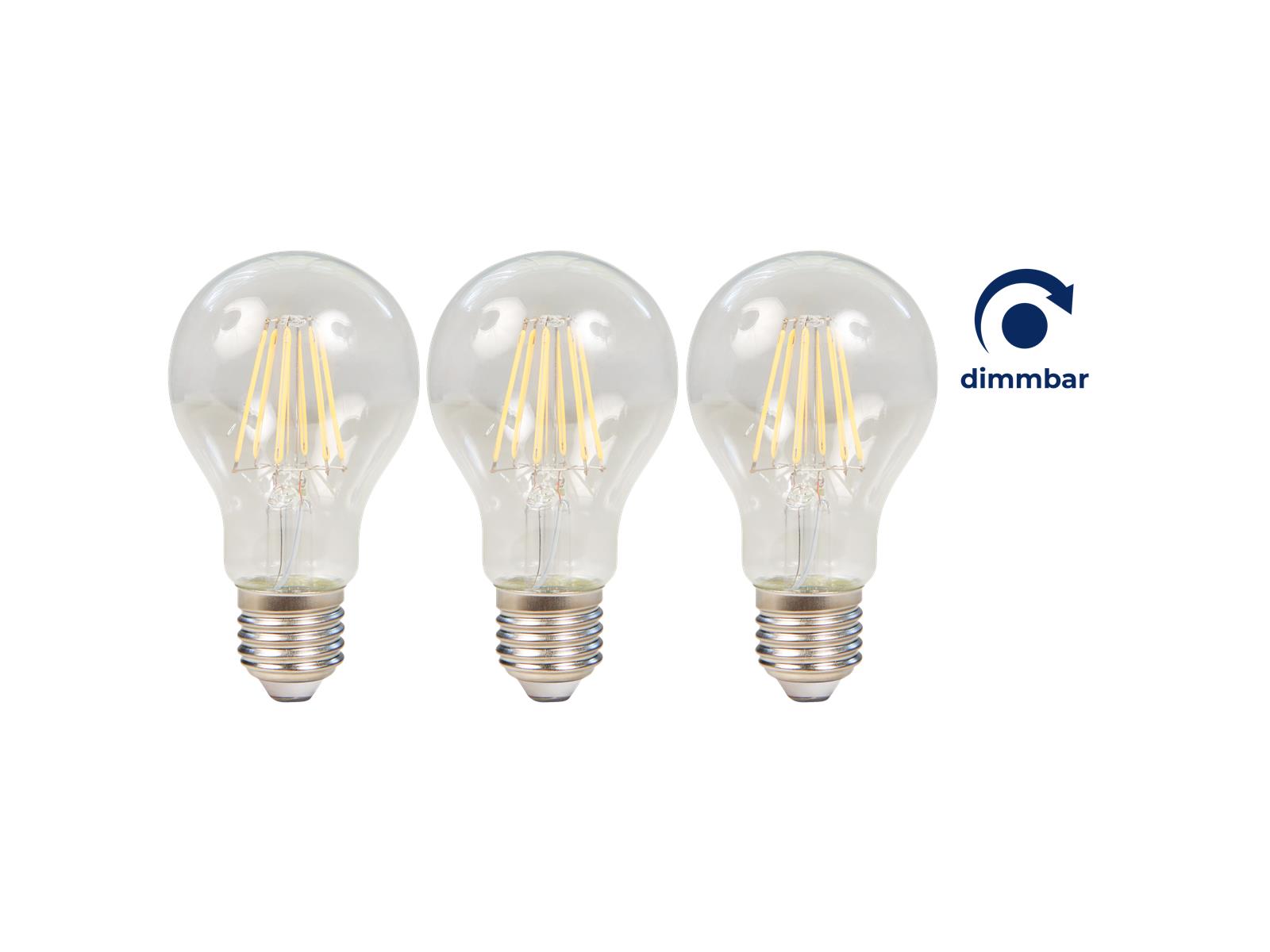 LED Filament Set McShine, 3x Glühlampe, E27, 7.5W, 800lm, warmweiß, klar, dimmbar