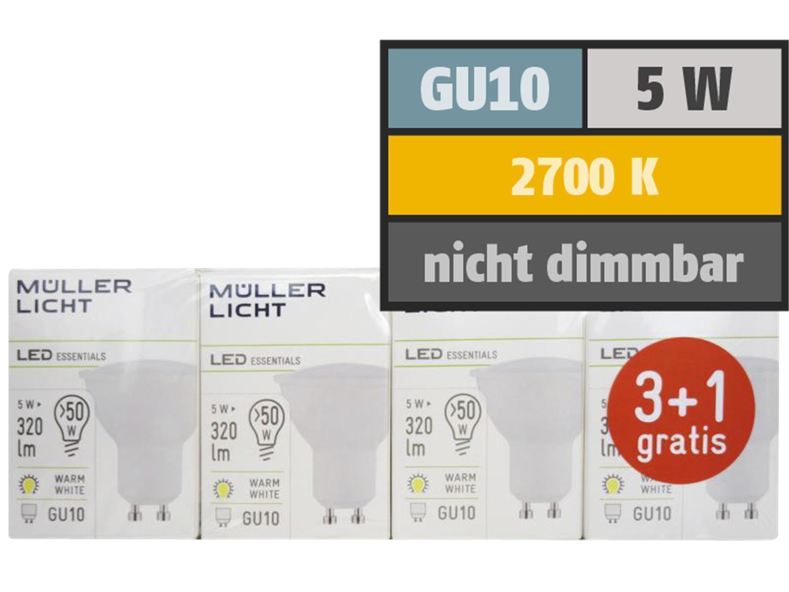 LED-Strahler, GU10, 5W, 320lm, 2700K, warmweiß, 3+1 Set