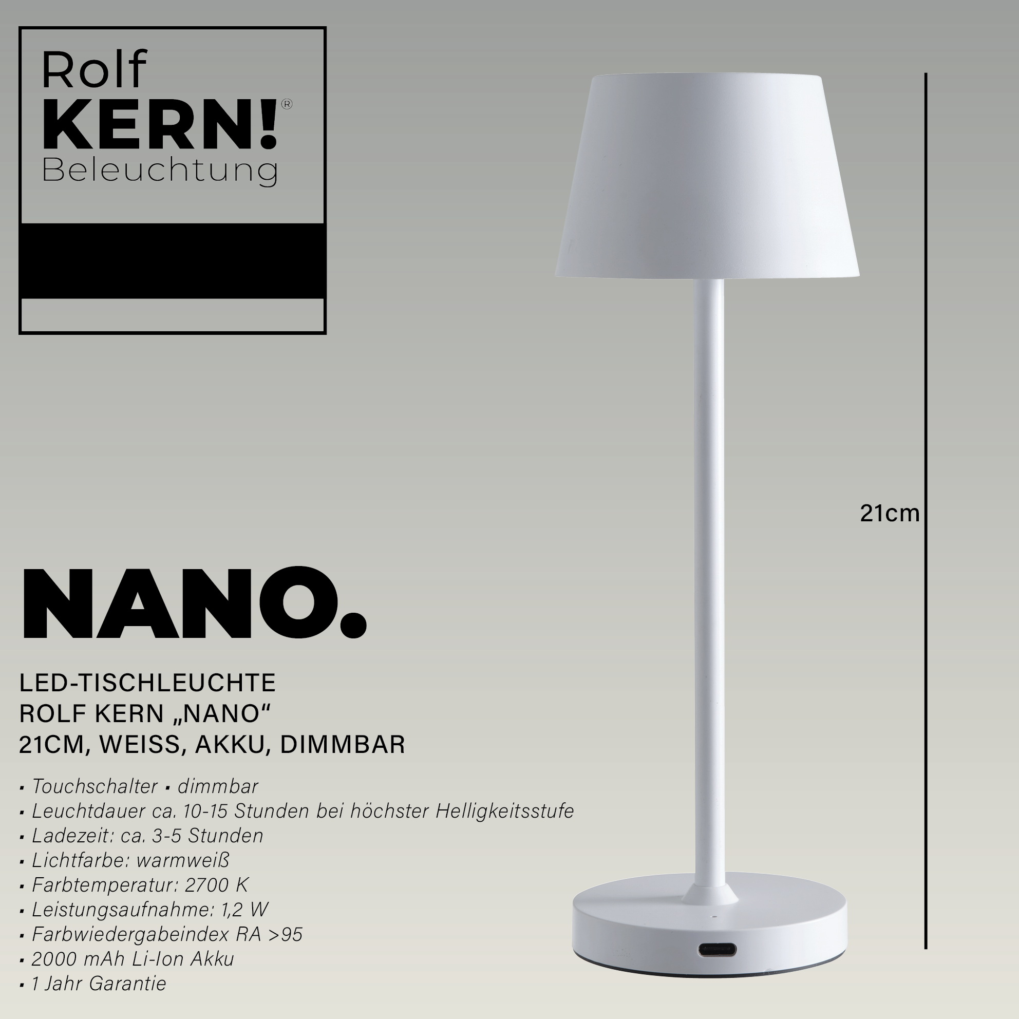 LED-Tischleuchte ROLF KERN „Club Nano“ 21cm, weiß, Akku, dimmbar