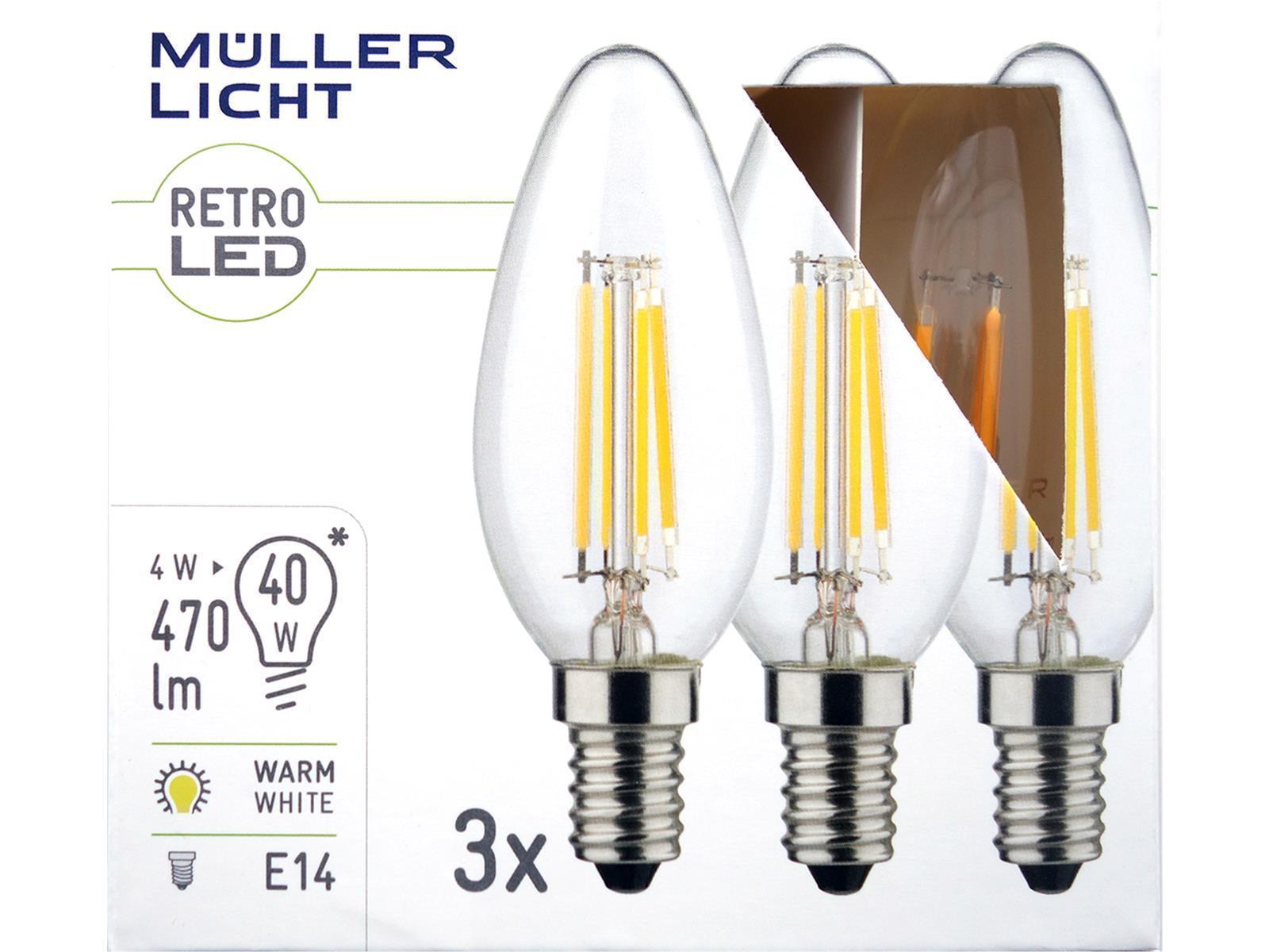 LED Filament Kerzenlampe, E14, 4W, 470lm, 2700K, warmweiß, 3er Set