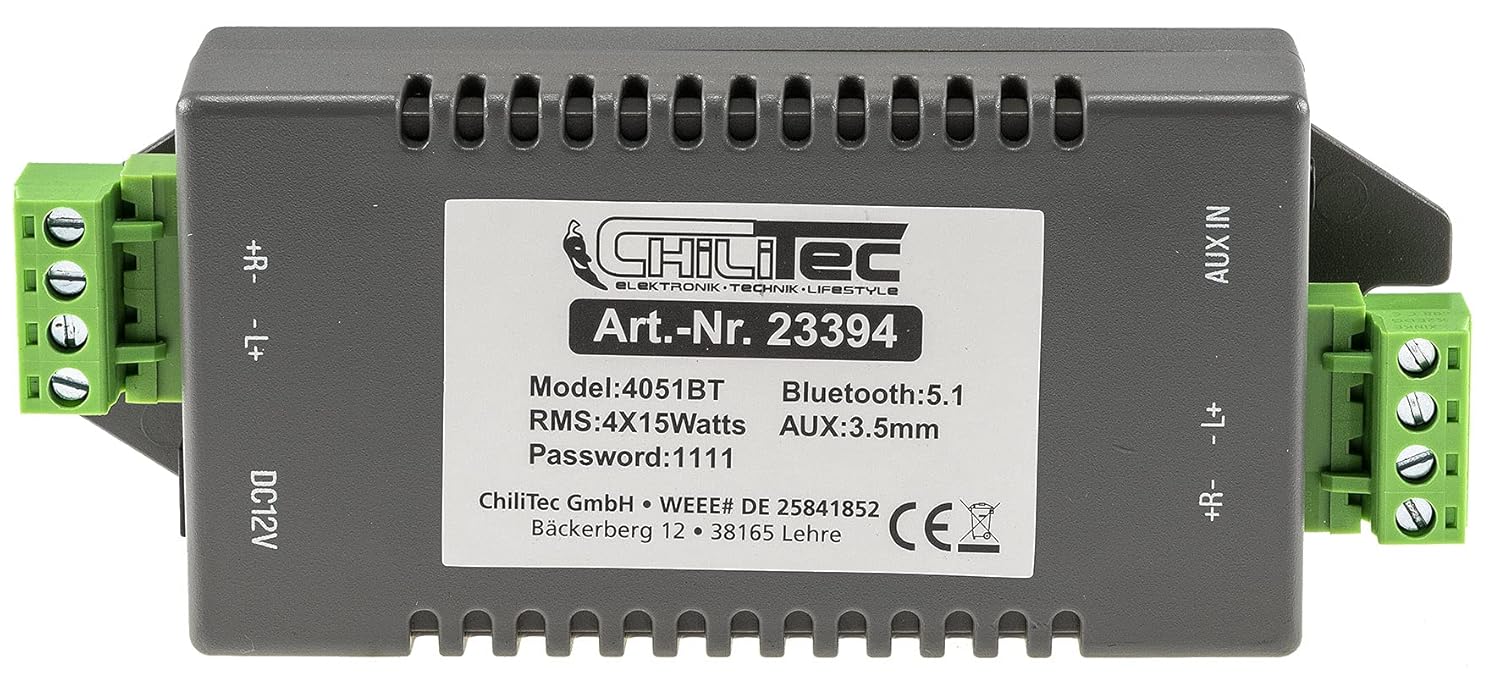 ChiliTec Bluetooth Verstärker 4-Kanal 4X 15Watt AUX IN Mini Einbau Endstufe mit 230V auf 12V= / 5A Netzteil Musik Streaming von Smartphone, Tablet