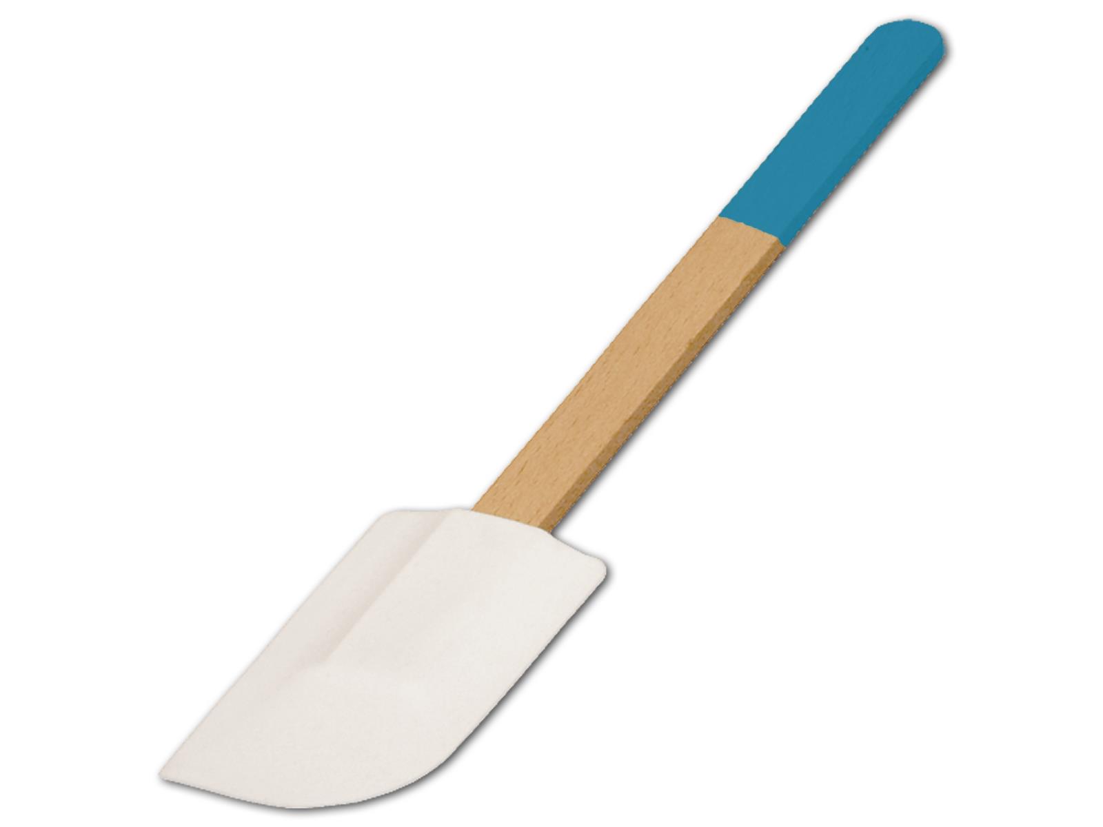 Teigschaber, breit, mit farbigem Griff, himmelblau, aus Holz 28 cm