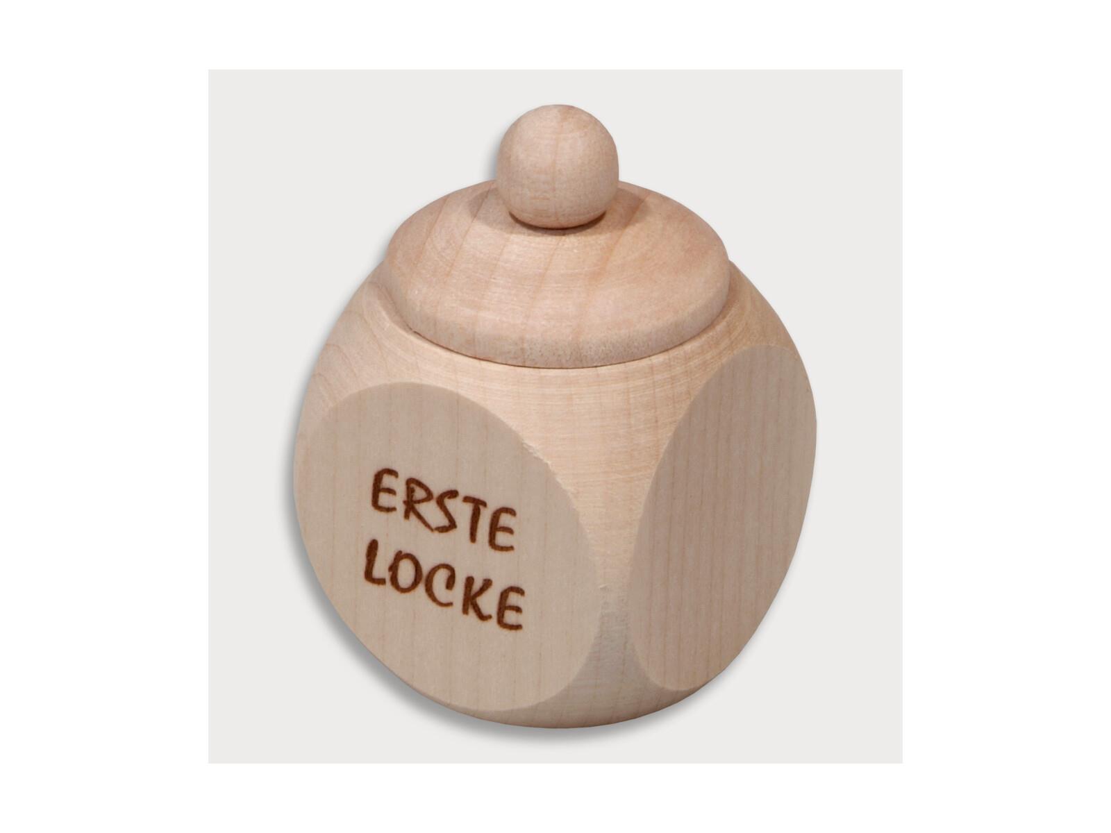 Holzdose, mit Schraubverschluss, Aufdruck Erste Locke, Einbrand aus Holz 3 cm