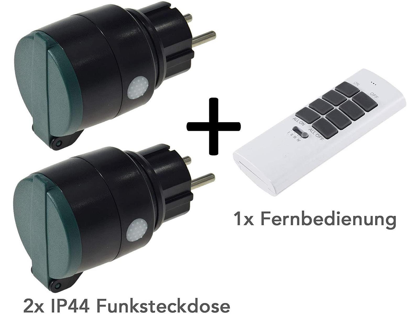 Funk Steckdosen Set Aussen IP44 mit Fernbedienung 2x Schutzkontakt-Steckdose mit Deckel Handsender 30m Reichweite