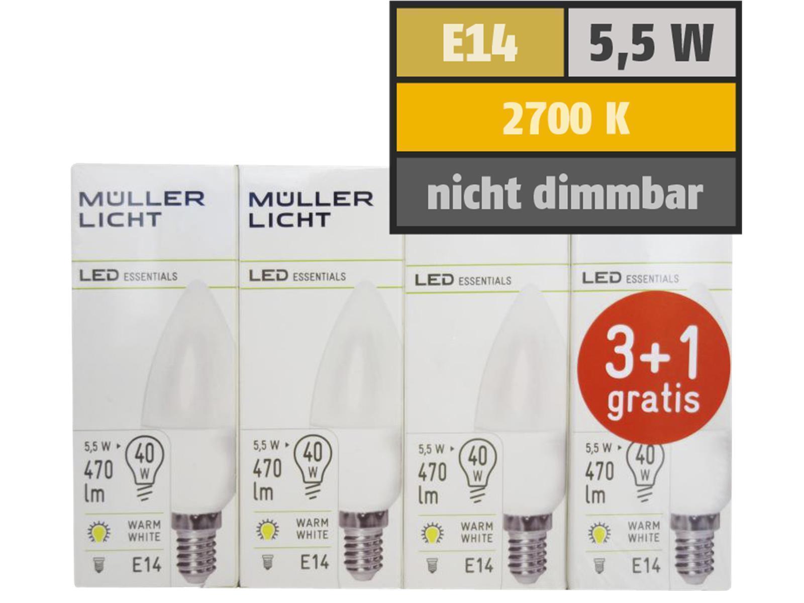 LED Kerzenlampe, E14, 5,5W, 470lm, 2700K, warmweiß, 3+1 Set