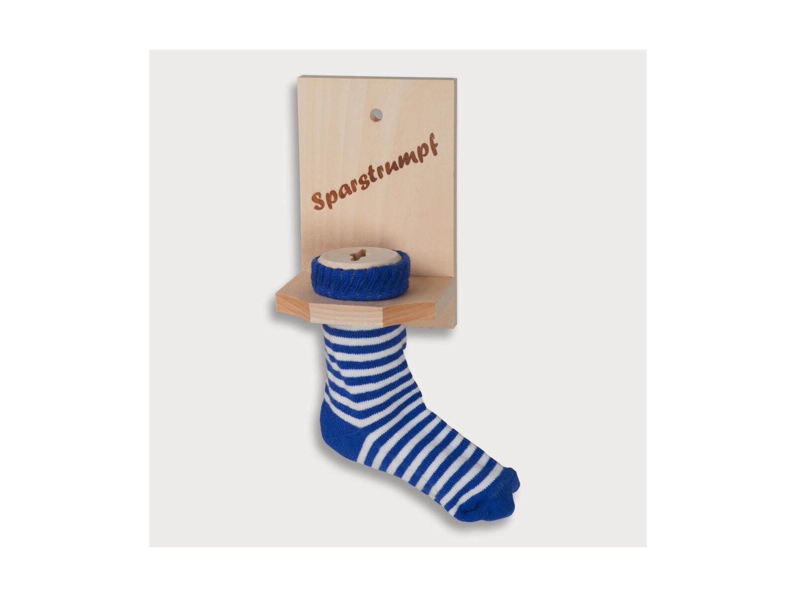 Sparstrumpf, blaue Socke, mit Einbrand Sparstrumpf aus Holz 12 cm