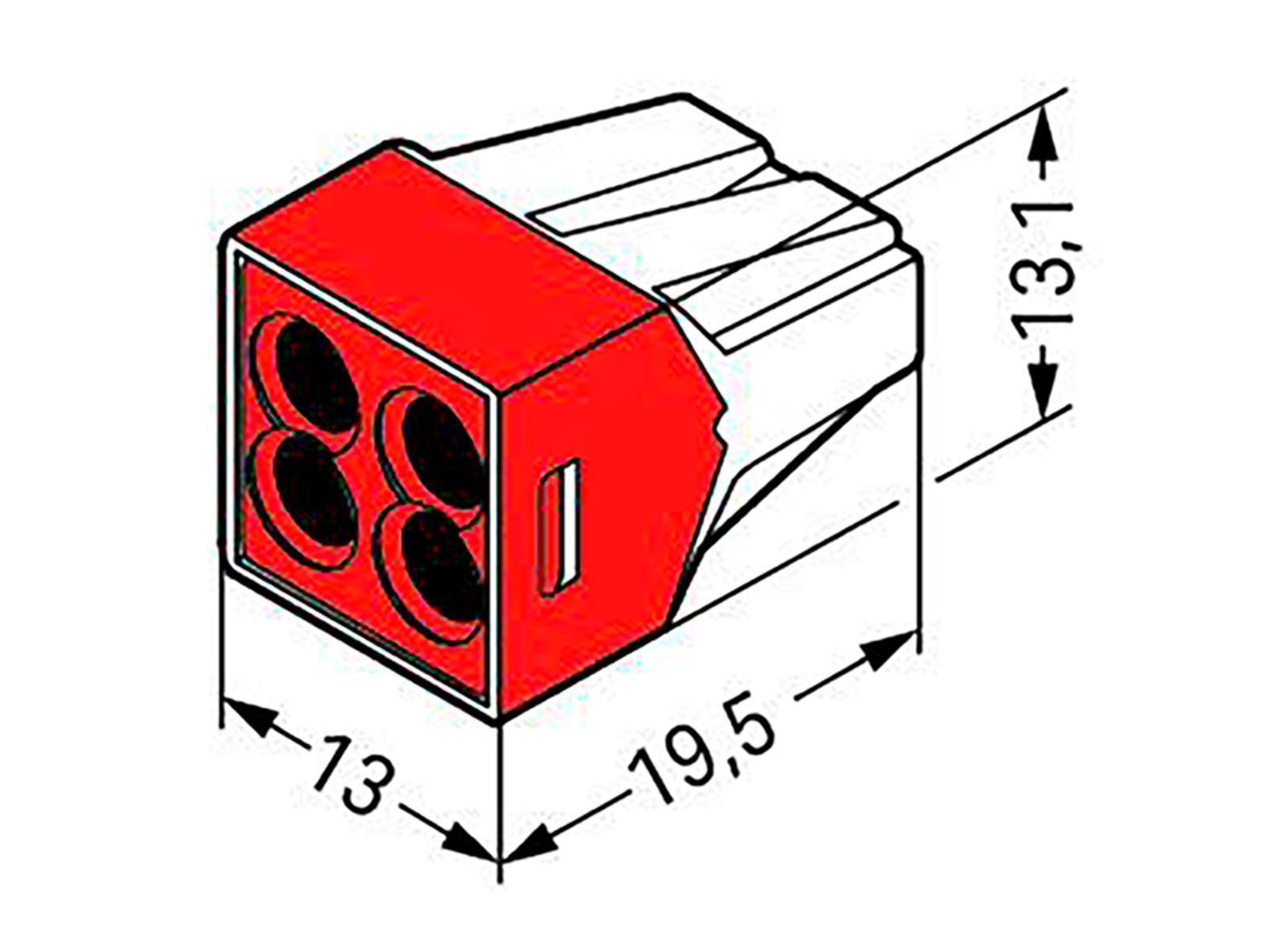 Verbindungsdosenklemme WAGO, eindrähtige Leiter, 4 Klemmstellen, max. 4mm², rot