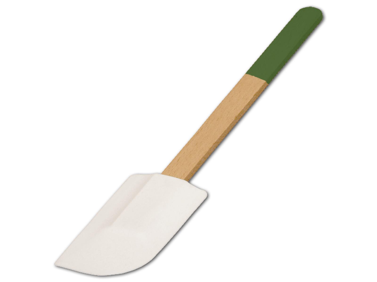 Teigschaber, breit, mit farbigem Griff, laubgrün, aus Holz 28 cm