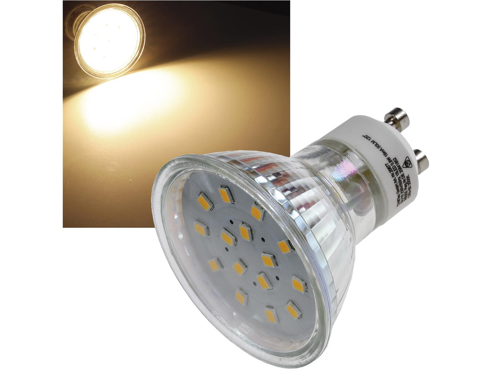 LED Strahler GU10 "H10 SMD" 15 SMD LEDs3000k, 50lm, 120°, 230V/0,8W, warmweiß